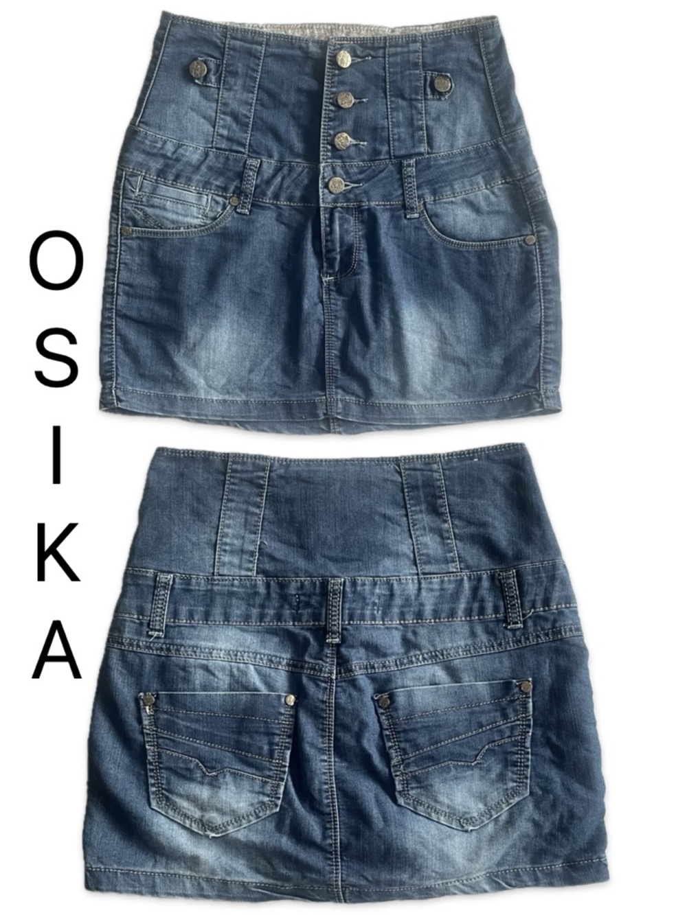 OsiKa High Waisted Denim Button Up Mini Skirt Stretch 5 Pocket Medium Waist 14